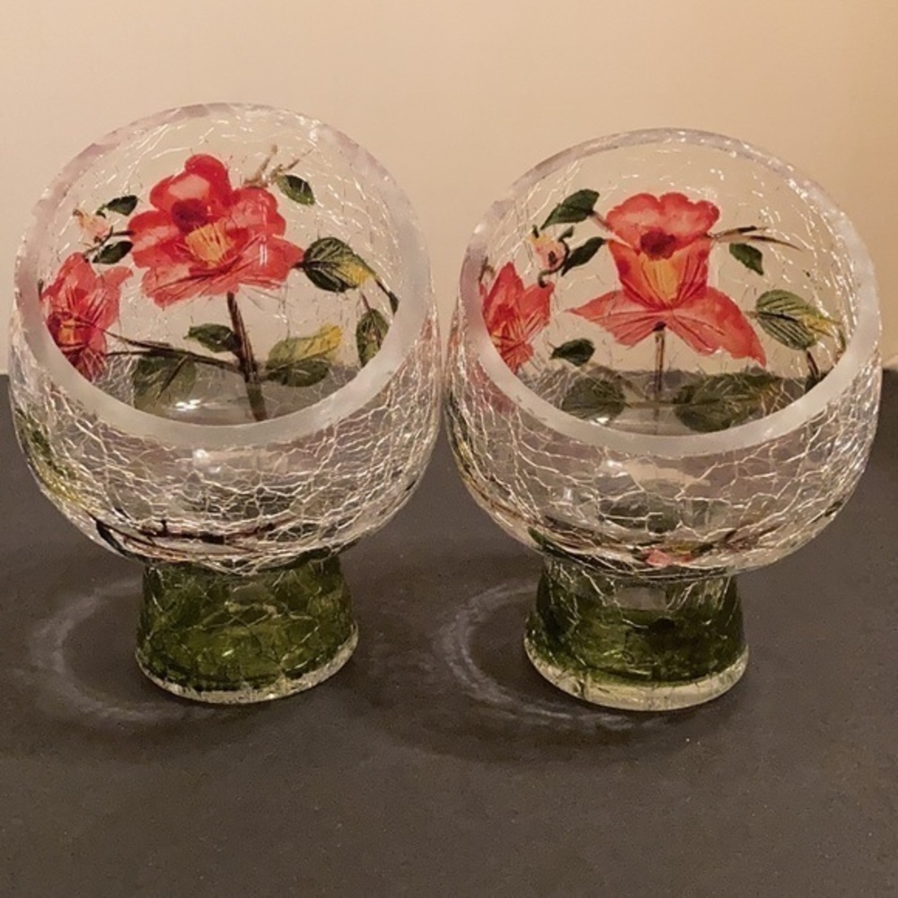 Pair floral crackle glass votive candle holders